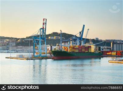 Cargo ship in industrial commercial port. Ancona, Italy