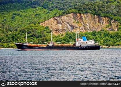 Cargo ship in picturesque scenery of the Bosphorus Strait in Turkey