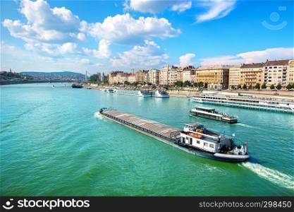 Cargo ship in the waters of Danube river in Budapest