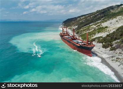 Cargo ship ran aground, aerial view