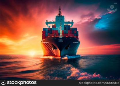 Cargo Ship Sailing In To The Sea.  Generative AI
