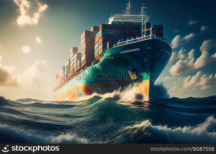Cargo Ship Sailing In To The Sea.  Generative AI 