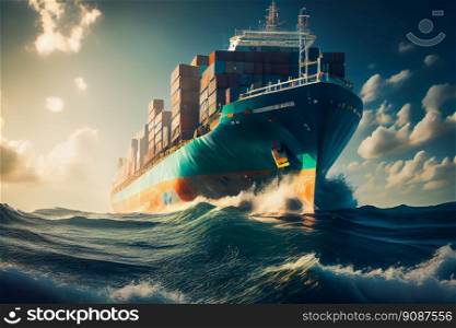 Cargo Ship Sailing In To The Sea.  Generative AI 