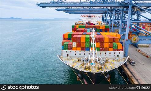 Cargo ship terminal, Unloading crane of cargo ship terminal, Industrial port with containers and container ship.