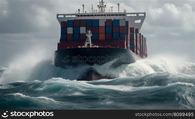 cargo ship with containers in ocean, international sea delivery generative ai.