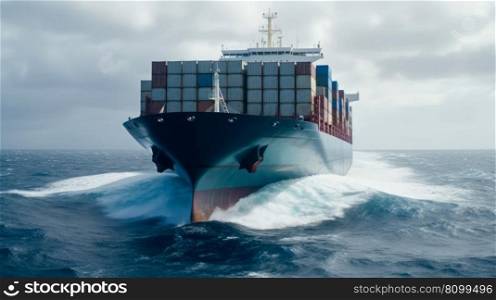 cargo ship with containers in ocean, international sea delivery generative ai.