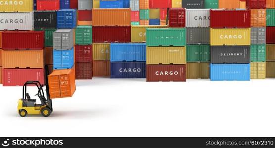 Cargo shipping containers in storage area with forklifts with space for text. Delivery or warehouse concept. 3d