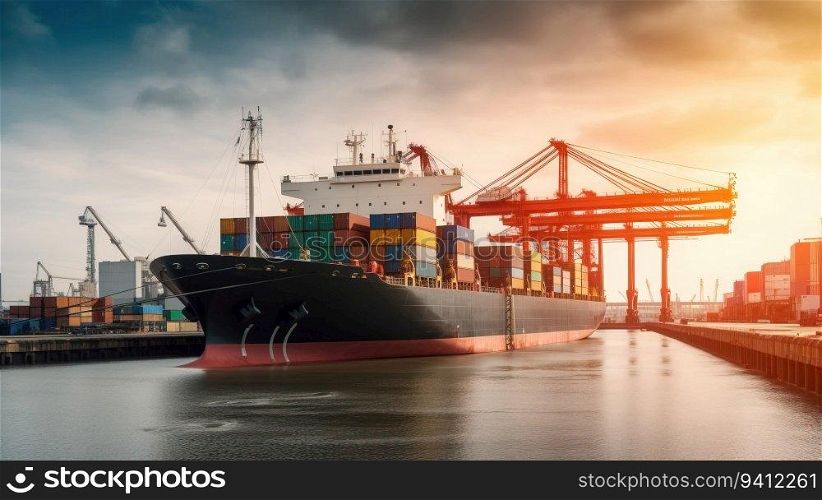 Cargo tanker in the port for unloading, loading. Export import of goods. Commercial delivery. Water transport industry. AI generated.. Cargo tanker in the port for unloading, loading. Export import of goods. Commercial delivery. AI generated.
