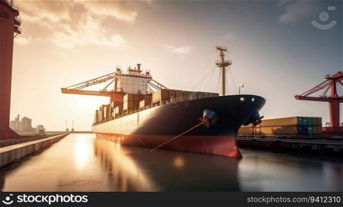 Cargo tanker in the port for unloading, loading. Export import of goods. Commercial delivery. Water transport industry. AI generated.. Cargo tanker in the port for unloading, loading. Export import of goods. Commercial delivery. AI generated.