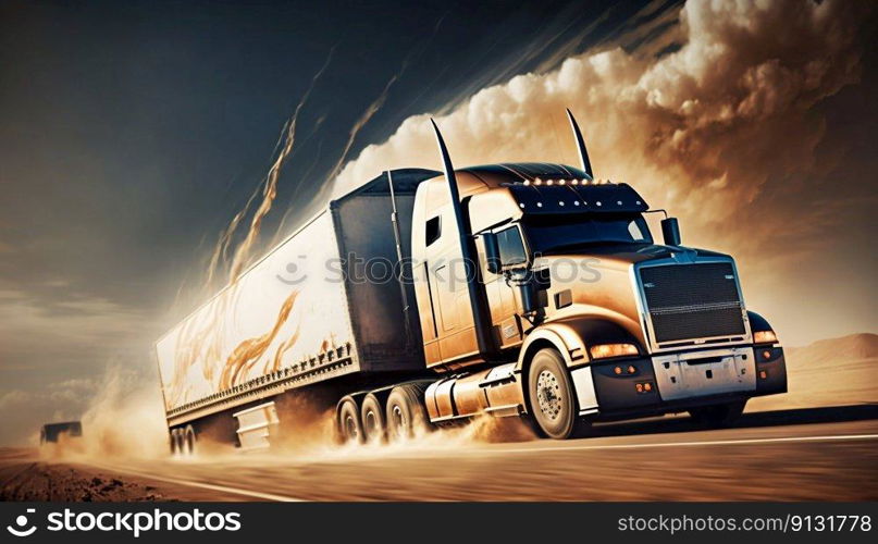 Cargo truck car on a highway. Generative AI. High quality illustration. Cargo truck car on a highway. Generative AI