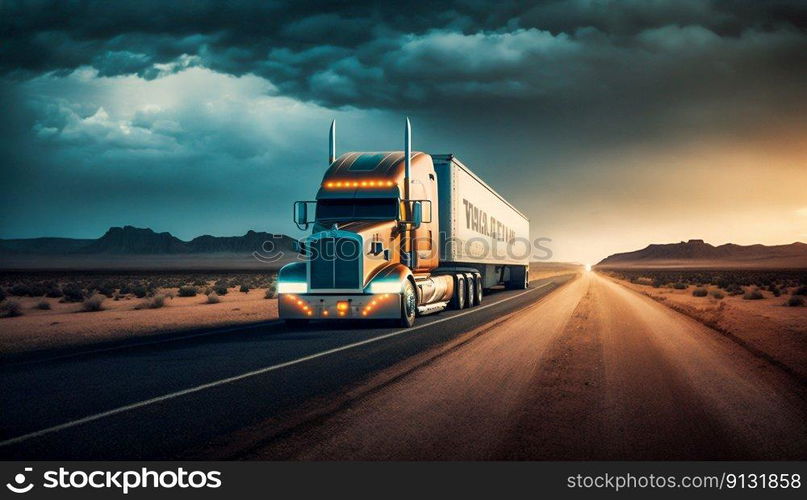 Cargo truck car on a highway. Generative AI. High quality illustration. Cargo truck car on a highway. Generative AI