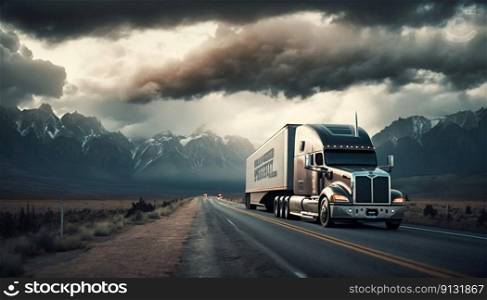 Cargo truck car on a highway. Generative AI. High quality illustration. Cargo truck car on a highway. Generative AI