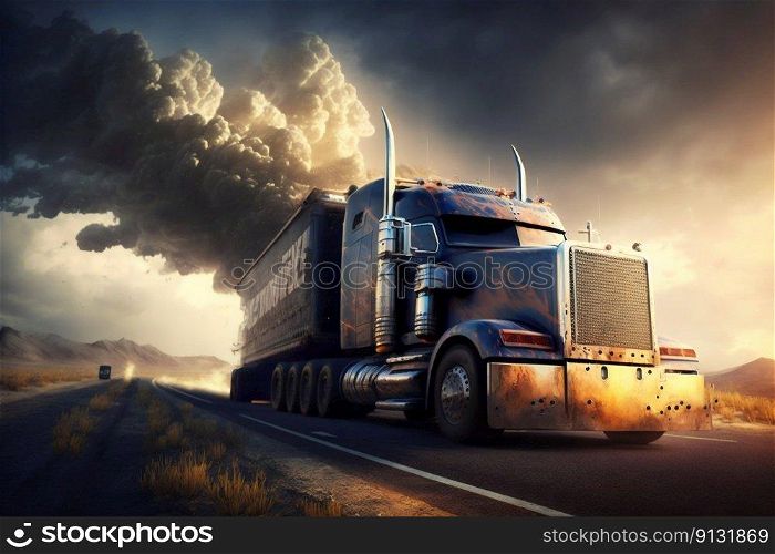 Cargo truck car on a highway. Generative AI. High quality illustration. Cargo truck car on a highway. Generative AI