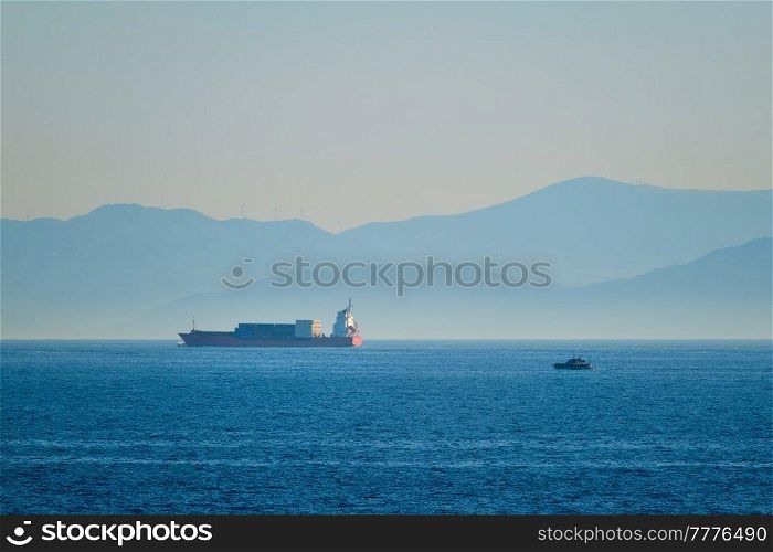 Cargo vessel ship in Aegean Sea Mediterranean sea. Greece. Cargo vessel ship in Aegean Sea