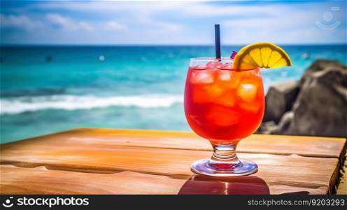 Caribbean Rum Punch cocktail on background with blue sea and sky tropical background. Generative AI.. Caribbean Rum Punch cocktail on background with blue sea and sky tropical background. Generative AI