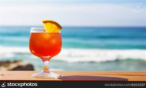 Caribbean Rum Punch cocktail on background with blue sea and sky tropical background. Generative AI.. Caribbean Rum Punch cocktail on background with blue sea and sky tropical background. Generative AI