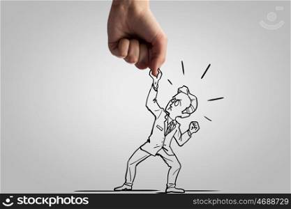Caricature of businessman and human hand showing stop gesture