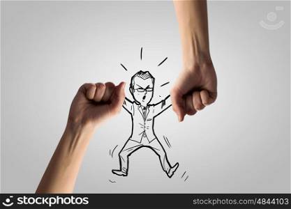 Caricature of businessman and human hand showing stop gesture