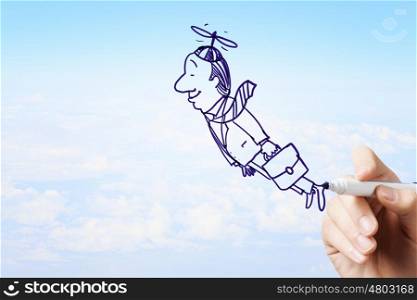 Caricature of businessman. Man hand drawing caricature of businessman flying away