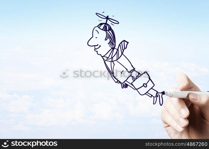 Caricature of businessman. Man hand drawing caricature of businessman flying away