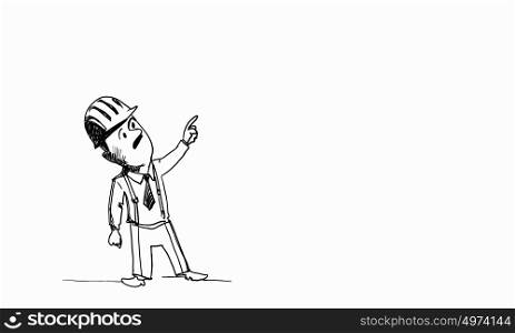 Caricature of engineer man. Caricature of builder man in helmet on white background