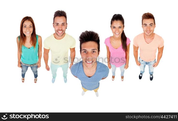 Caricature of happy friends with big heads isolated on white background