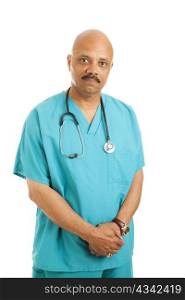 Caring, compassionate african-american doctor in scrubs. Isolated on white.