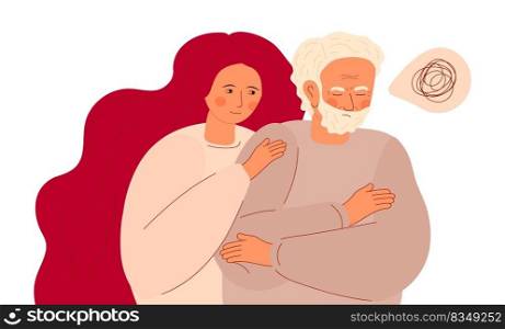 Caring for the elderly concept vector. Daughter hugs daddy, grandfather. Senior care for the elderly. Old man has Alzheimer&rsquo;s.. Caring for the elderly concept vector. Daughter hugs daddy, grandfather. Senior care for the elderly.