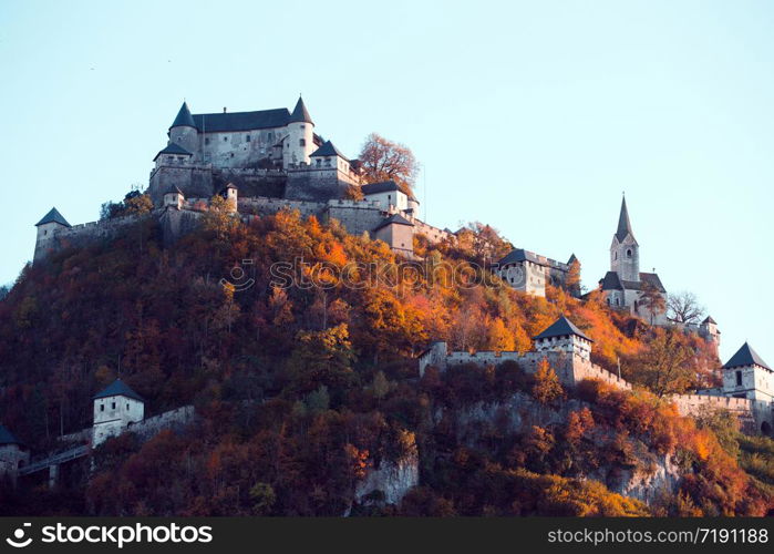 CARINTHIA, AUSTRIA - 16 OCTOBER, 2019: aerial view of wellknown medieval castle Hochosterwitz on a hilltop