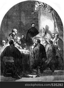 Carlo Zeno is exculpatory to the Council of Ten, vintage engraved illustration. Magasin Pittoresque 1857.