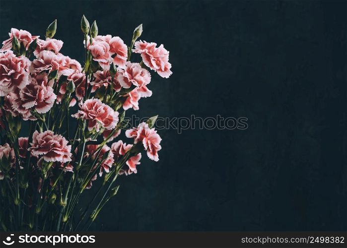 Carnation flowers bouquet vintage color toned. Dark moody background with copy-space.