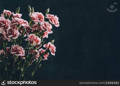 Carnation flowers bouquet vintage color toned. Dark moody background with copy-space.