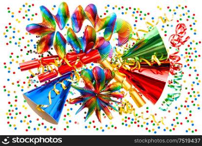 Carnival decoration garlands, streamer, confetti, cracker, party hats