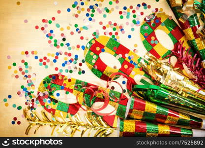Carnival mask and decorations. Holidays background. Symbol of venetian mask festival