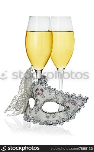 Carnival mask and glasses with champagne isolated on white background