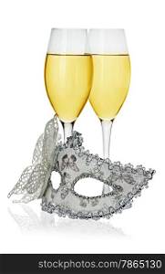 Carnival mask and glasses with champagne isolated on white background