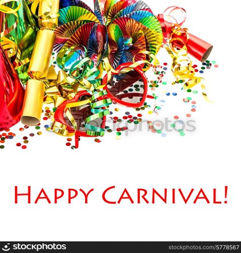 carnival party decorations garlands, confetti, streamer, cracker, glasses. festive background with sample text Happy Carnival!