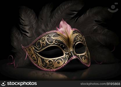 Carnival time. Venetian mask with feathers on black background, Neural network AI generated art. Carnival time. Venetian mask with feathers on black background, Neural network AI generated