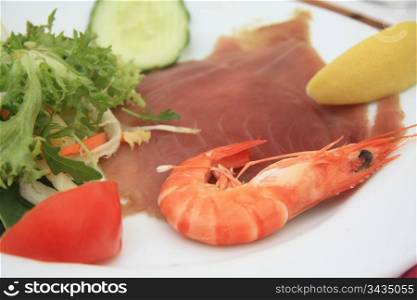 carpaccio of tunafish, served with a gamba and some salad