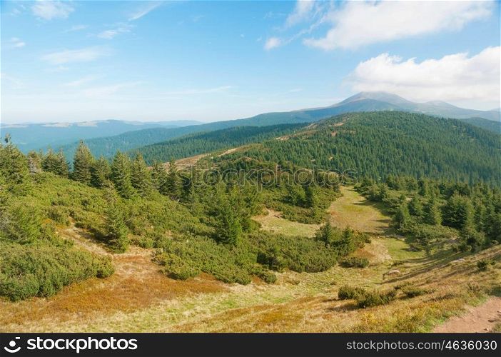 Carpathian autumn mountains landscape. View from the mountain Petros to Hoverla. Natural landscapes of Ukraine.