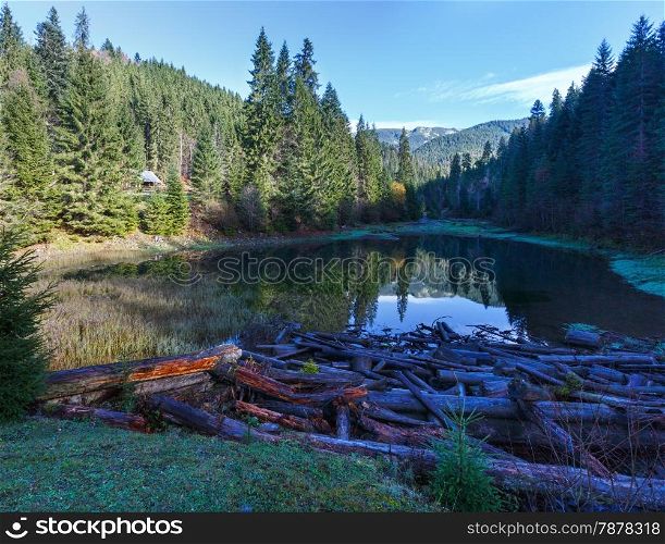 Carpathian mountain autumn landscape with lake and fir forest (Ukraine)