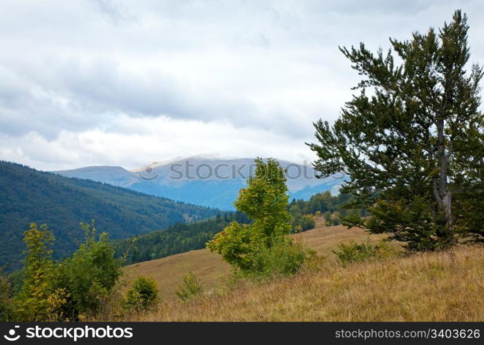 Carpathian Mountains (Ukraine) autumn landscape (with first october snow on top of mountain).