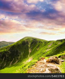 Carpathian mountains with stones and green meadows