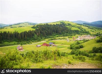 Carpathian village in the mountains in summer. Carpathian nature in summer
