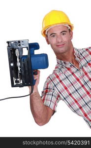 Carpenter displaying his new circular saw