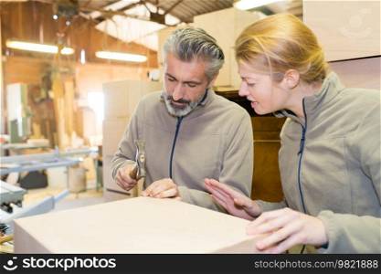 carpenter explaining colleague in workshop
