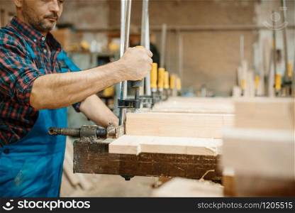 Carpenter in uniform clamps the board in a vise, woodworking, lumber industry, carpentry. Wood processing on furniture factory, production of products of natural materials. Carpenter clamps the board in a vise, woodworking