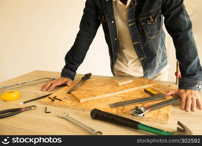 Carpenter's working tools on a tools table