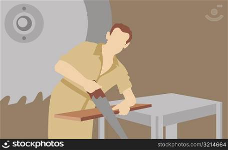 Carpenter sawing a wooden plank