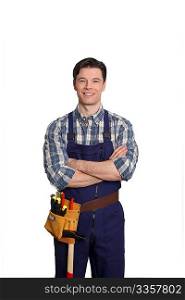 Carpenter standing on white background with arms crossed